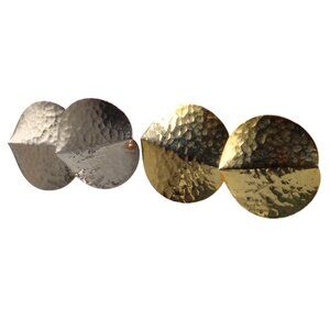 Vintage Hammered Disc Earrings Lot, Silver Tone and Gold Tone Brutalist Pinched